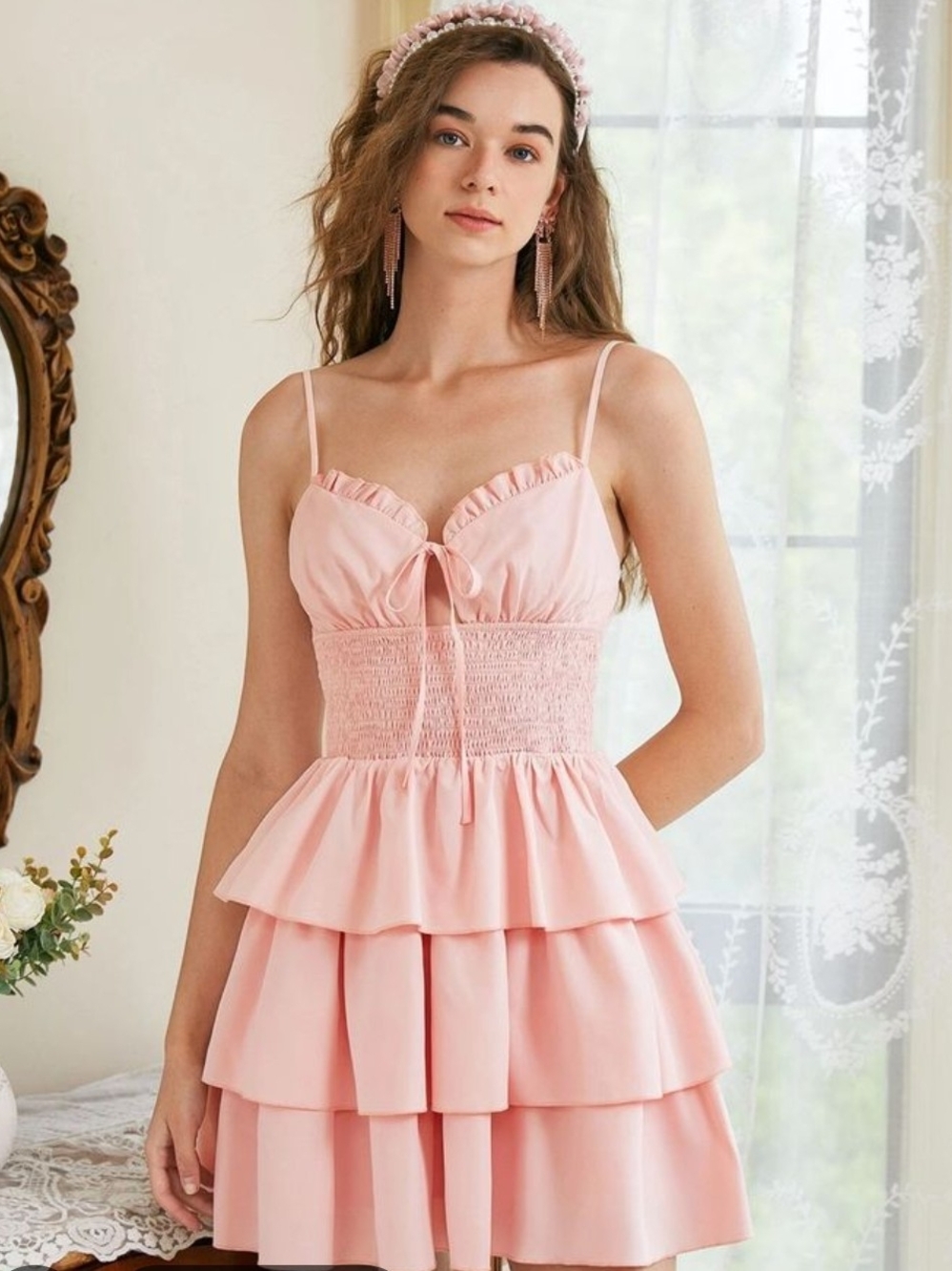 SHEIN Pink Tiered Smocked Mini Dress with Ruffle Trim